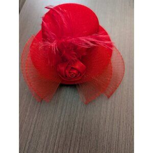 Red Hat Society Mini Tea Hat w/ Feather Accent Elegant Lady Red Fascinator